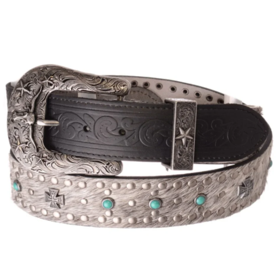 Kamberley Cross Stud Leather Black Calf Hair Belt 6091 - Image 2