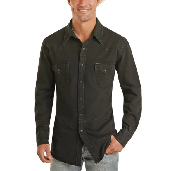 Rock & Roll Solid Black Denim Men’s Western Snap Bmn2s03703