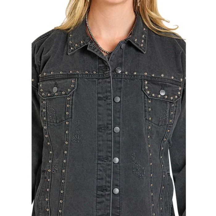 Rock & Roll Black Denim Stud Women's Jacket BW92D07220 - Image 2