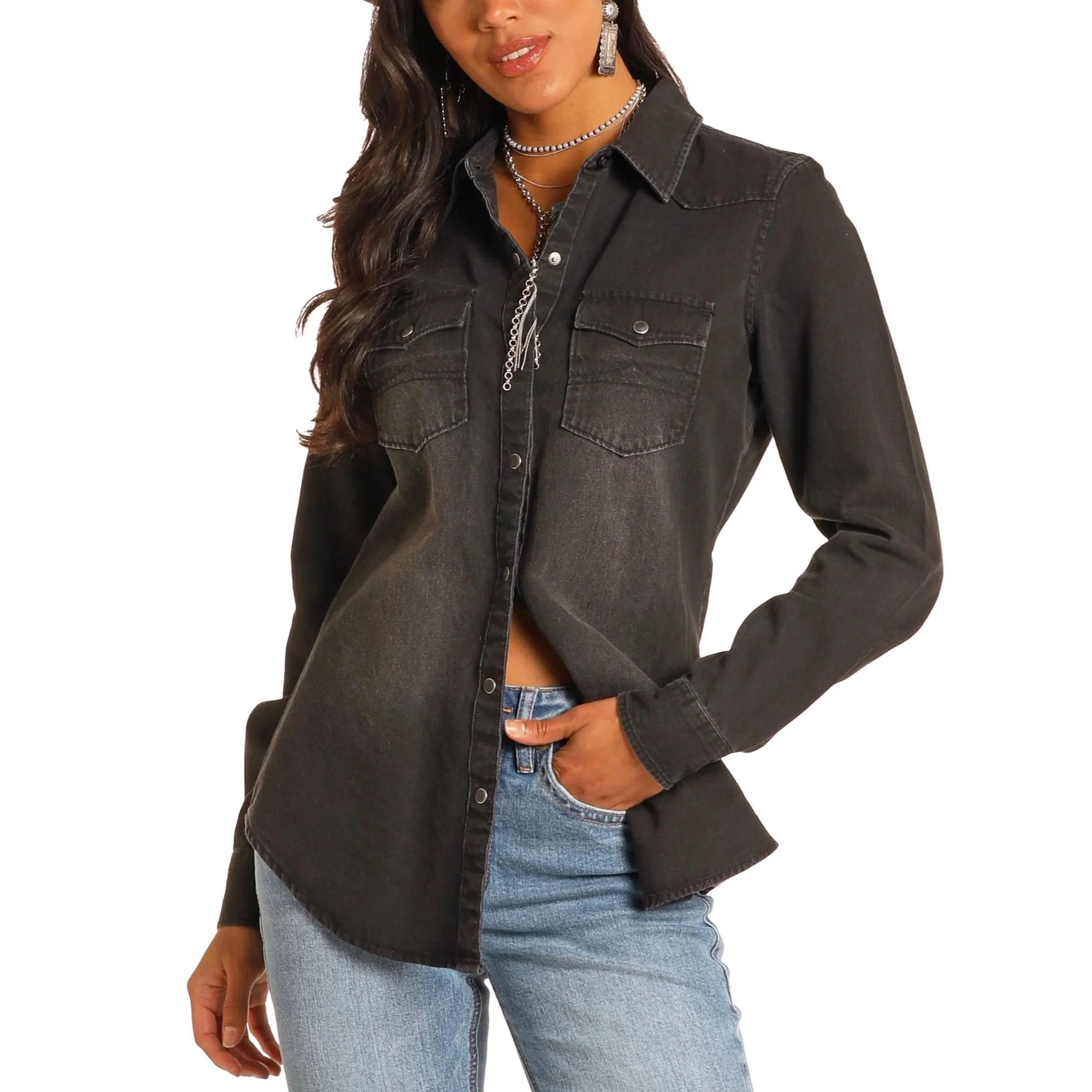 Rock & Roll Black Denim Women's Button Up BWN2S03703